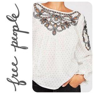 Free People White Blouse with Black Embroidery